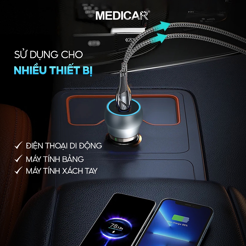 TẨU SẠC SIÊU NHANH Ô TÔ 38W Medicar QC 3.0, sạc nhanh xe hơi 12-24V chống cháy nổ
