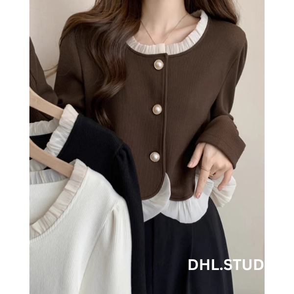 Áo dài tay cổ vuông phối cúc ngọc viền bèo phong cách tiểu thư D105