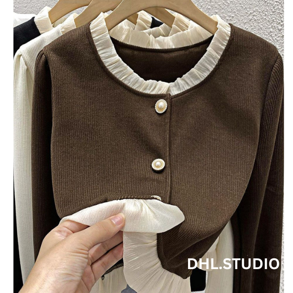 Áo dài tay cổ vuông phối cúc ngọc viền bèo phong cách tiểu thư D105