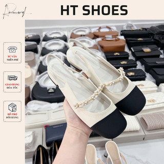 Giày sandal búp bê C đế bằng 2cm hở gót mũi tròn phối dải dây hoa phong cách dịu dàng hàng Fullbox mới 2023 #1914-3