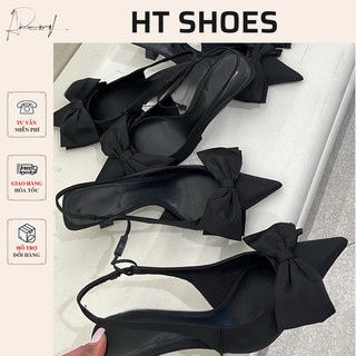 Giày sandal cao gót Z hở gót mũi nhọn đính nơ to đế cao 5cm chất lụa satin phong cách tiểu thư Pháp điệu đà #25070-6