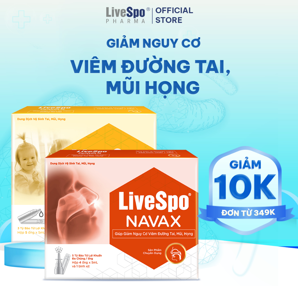 Combo Hộp nước muối sinh lý bào tử lợi khuẩn LiveSpo Navax Kids 5 ống x 5ml và Hộp Livespo Navax chuyên dụng 8 ống x 5ml