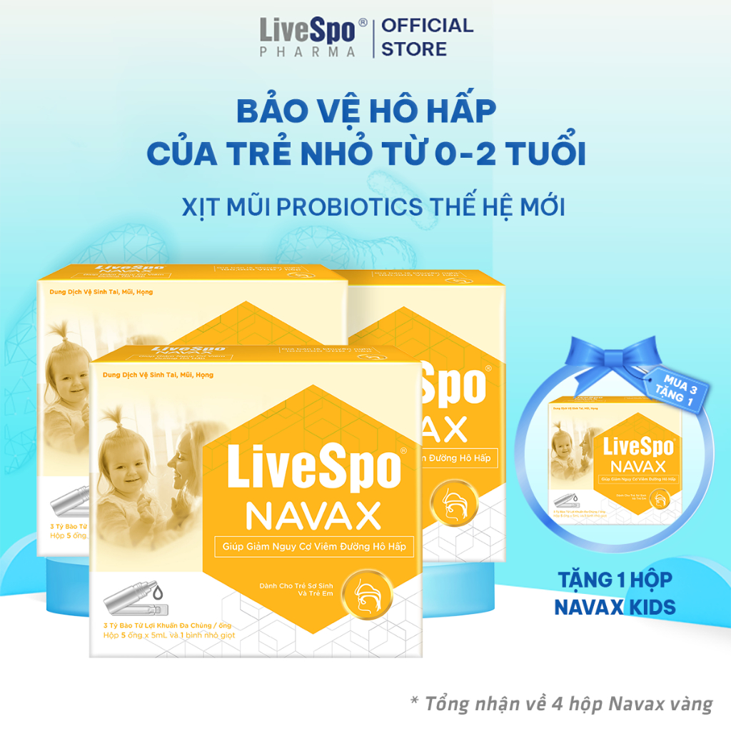 [Mua 3 tặng 1] Combo 3 Nhỏ mũi Nước muối sinh lý bào tử lợi khuẩn LiveSpo Navax sơ sinh giảm viêm mũi - Hộp 5 ống x 5ml