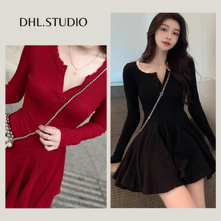Váy dài tay thắt eo dáng xòe màu trơn - Đầm body xòe đuôi sang chảnh D106