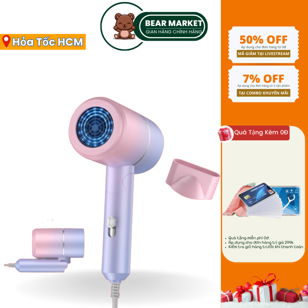 Máy Sấy Tóc Mini 2 Chiều Nóng Lạnh Công Suất 1500W, 3 Chế Độ Chăm Sóc Tóc Ion Ánh Sáng Xanh Bảo Vệ Tóc Bảo Hành 12 Tháng