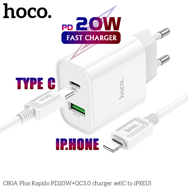 Bộ sạc PD 20W Hoco C80/C80A Plus 2 cổng ( USB + Type-C ), sạc nhanh 3A, Quick Charger 3.0 cho iPhone/iPad ( kèm dây 1m )
