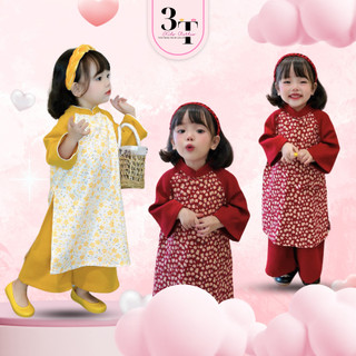 Áo Dài Cho Bé 3TKIDS, Chất Nhung Cao Cấp, Họa Tiết Hoa Đào Cho Bé Gái Ngày Tết, Quần Áo Trẻ Em Size 7-22kg