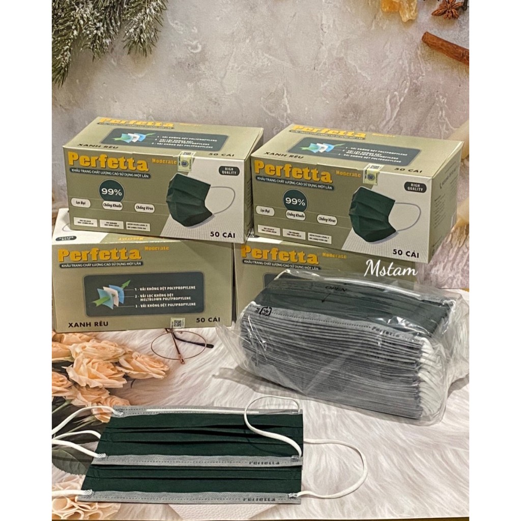 Combo 4 hộp Khẩu Trang Y Tế Cao Cấp Perfetta Moderate 3 lớp Kháng Khuẩn màu xanh rêu (1 hộp 50 cái )