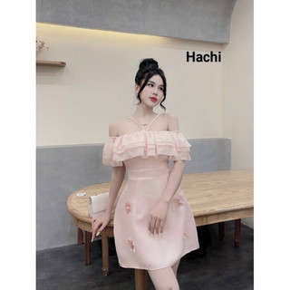 Đầm trễ vai cột dây cổ thời trang chất vải tapta phối voan tơ có mút ngực + lót quần,