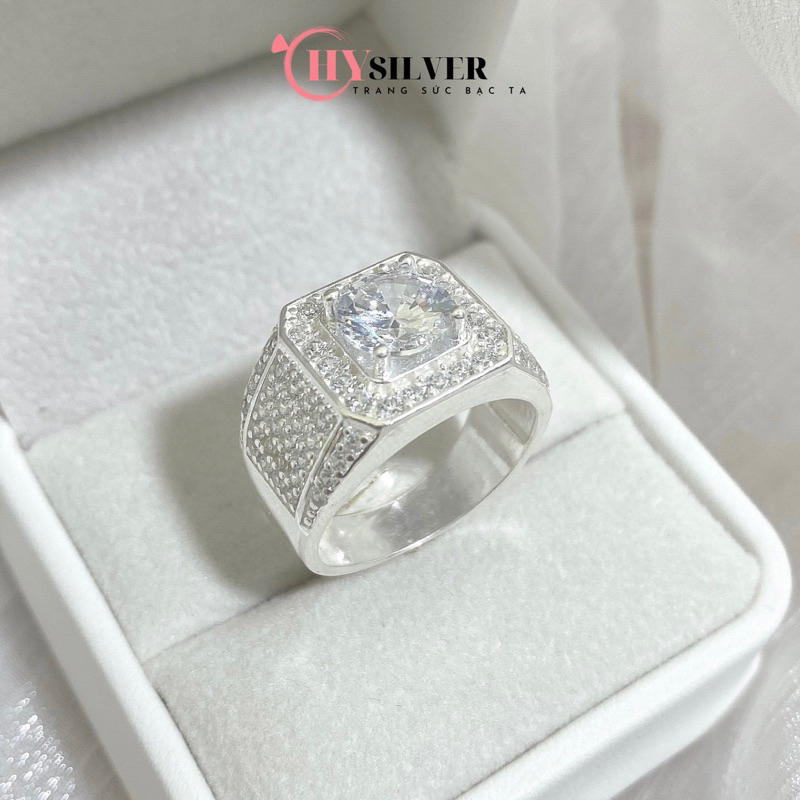  Nhẫn bạc nam CHY SILVER dày dặn đính đá vuông bạc ta 