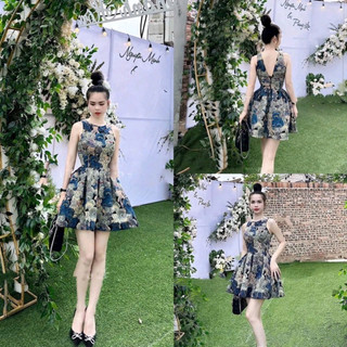 Đầm sát nách chất vải bố hoạ tiết loại 1 lưng khoét chữ V thời trang nữ mặc đi chơi xinh,