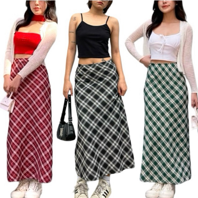 ( Hỏa tốc -tphcm) Chân váy caro dáng dài Unnie chân váy dài họa tiết caro/ Chân váy chữ a cạp trễ y2k Midi Skirt đỏ 2024