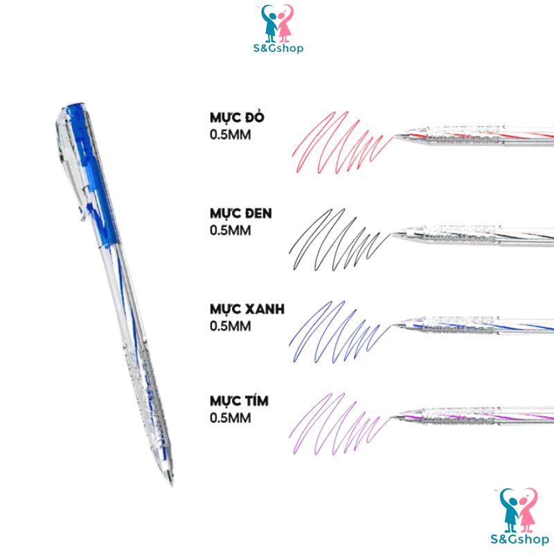 Bút bi Thiên Long TL-027 mực xanh/đỏ/đen/tím ngòi 0.5mm dạng bấm cò