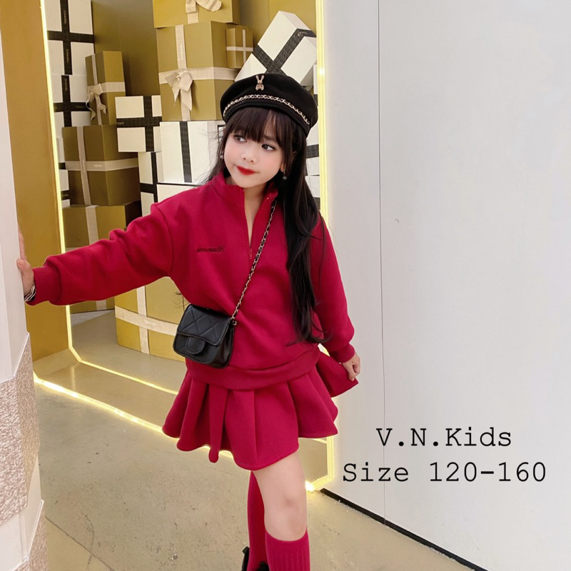 Set váy nỉ cổ tàu thêu chữ cho Bé size đại 19kg - 45kg