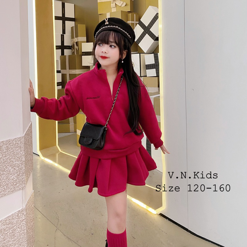 Set váy nỉ cổ tàu thêu chữ cho Bé size đại 19kg - 45kg