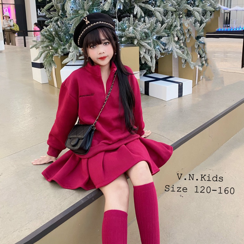 Set váy nỉ cổ tàu thêu chữ cho Bé size đại 19kg - 45kg