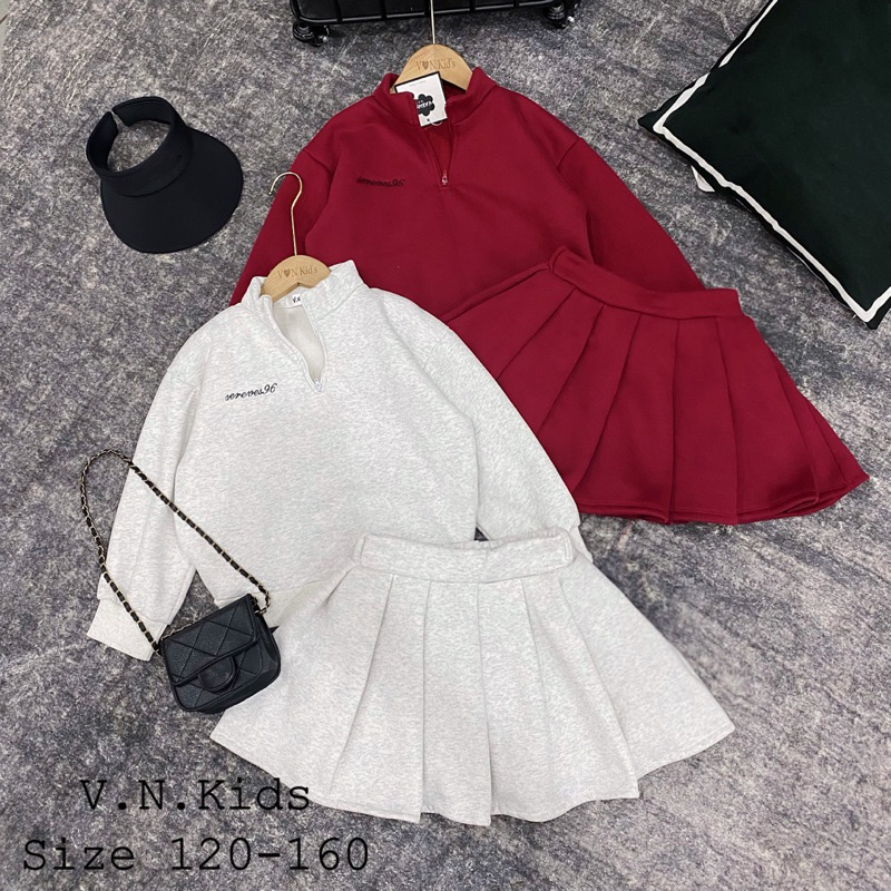 Set váy nỉ cổ tàu thêu chữ cho Bé size đại 19kg - 45kg