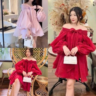 Váy voan trễ vai tay bồng buộc nơ 2 lớp đỏ hồng dáng xòe bồng bềnh, Đầm nữ công chúa