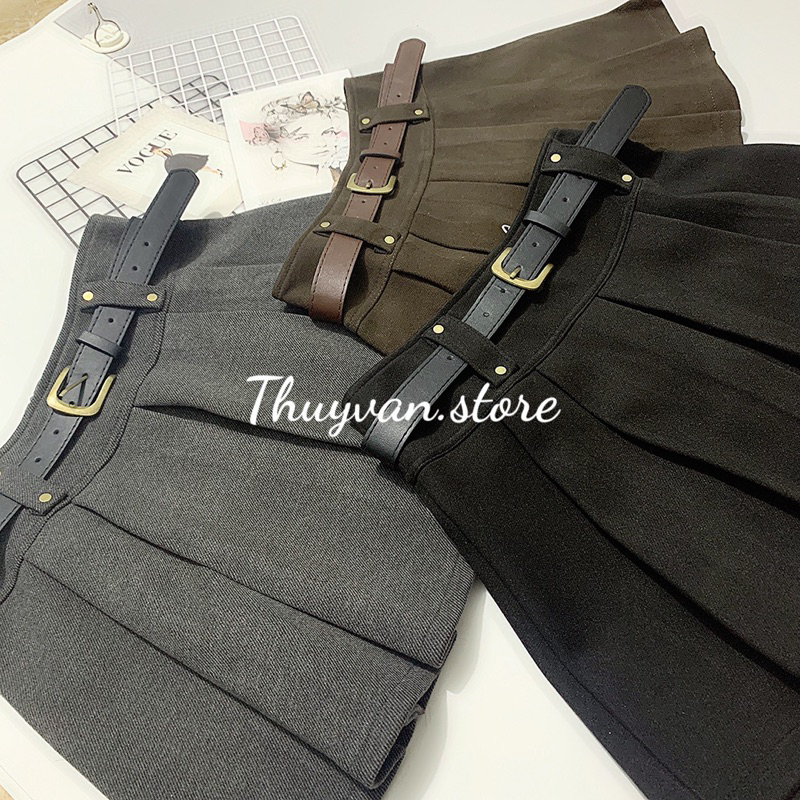 #966 CHÂN VÁY NGẮN XẾP LY BẢN TO CHẤT DẠ DÀY KÈM BELT HÀNG LOẠI 1