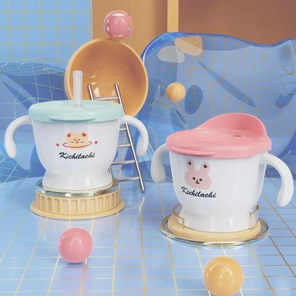 (Mẫu mới 2 nắp in hình) Cốc Tập Hút Tập Uống Nước 3 Giai Đoạn Kichi Có Vạch Chia 150ml Cho Bé