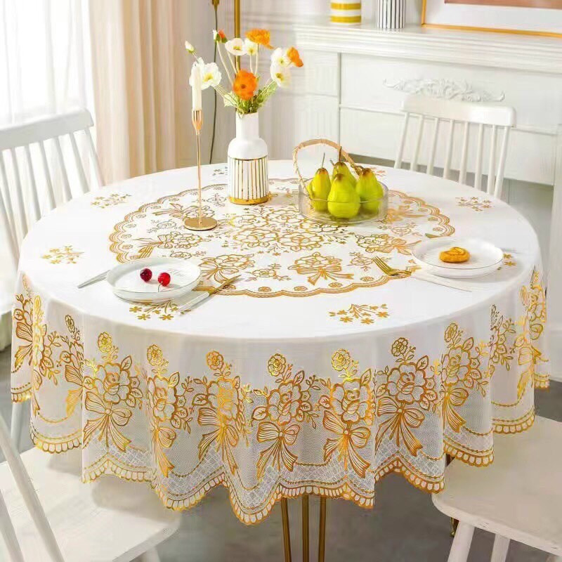 Khăn Trải Bàn Tròn Nhũ Vàng 1m5 Chống Thấm Bẩn Sang Trọng