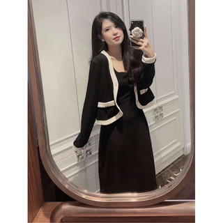 Set đầm hai dây len gân tăm kèm áo khoác bigsize