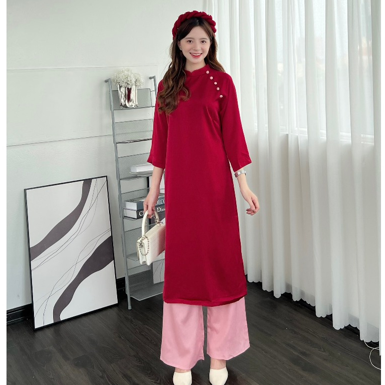 Áo dài cách tân trơn lụa cúc bọc kèm mấn vintage cao cấp 247store - Aodaicahtantron302_P13K27