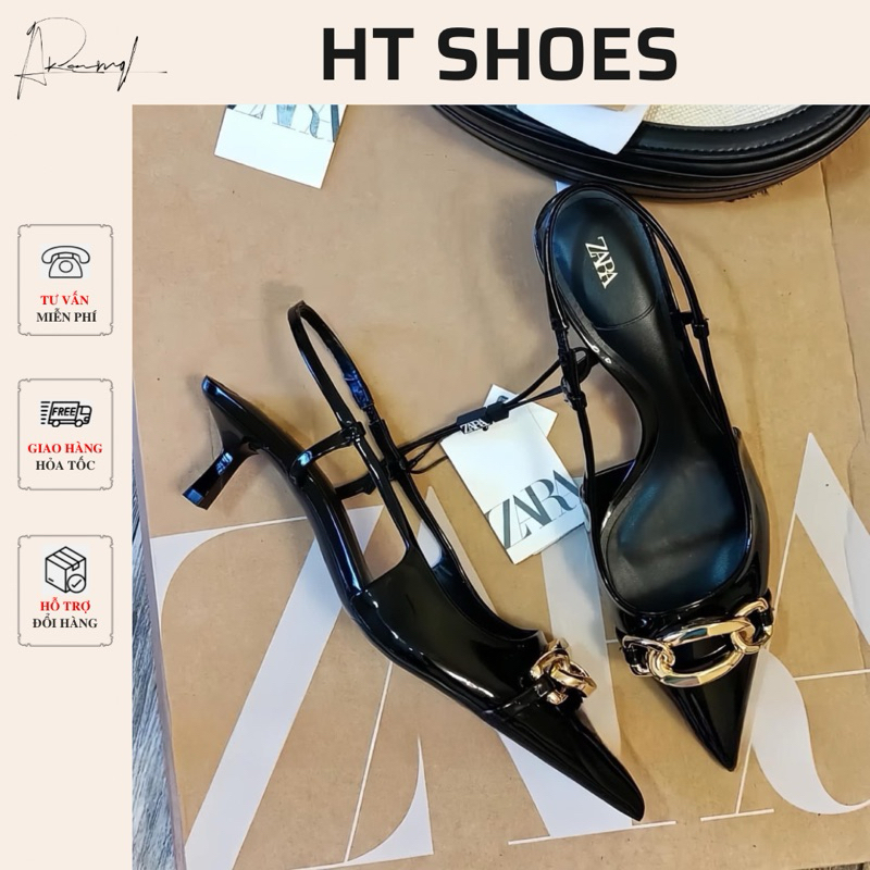 Giày sandal ZR hở gót da bóng mũi nhọn phối mắt xích đế nhọn 3.5cm phong cách thanh lịch phù hợp công sở fullbox #8092-1