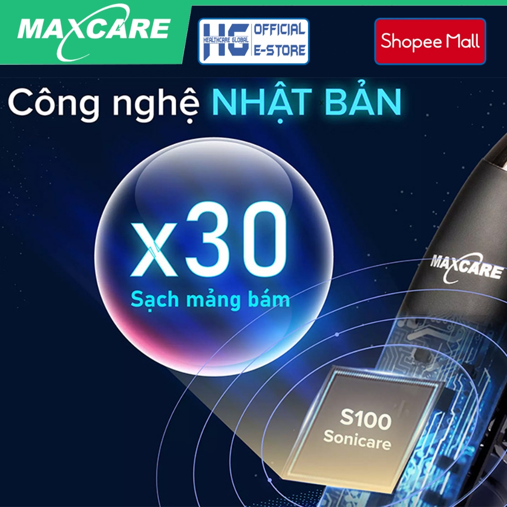 Bàn Chải Điện Sóng Siêu Âm Maxcare Sonicare S100 | Thương Hiệu Nhật Bản - Làm Sạch Mảng Bám Gấp 30 Lần Bàn Chải Thường