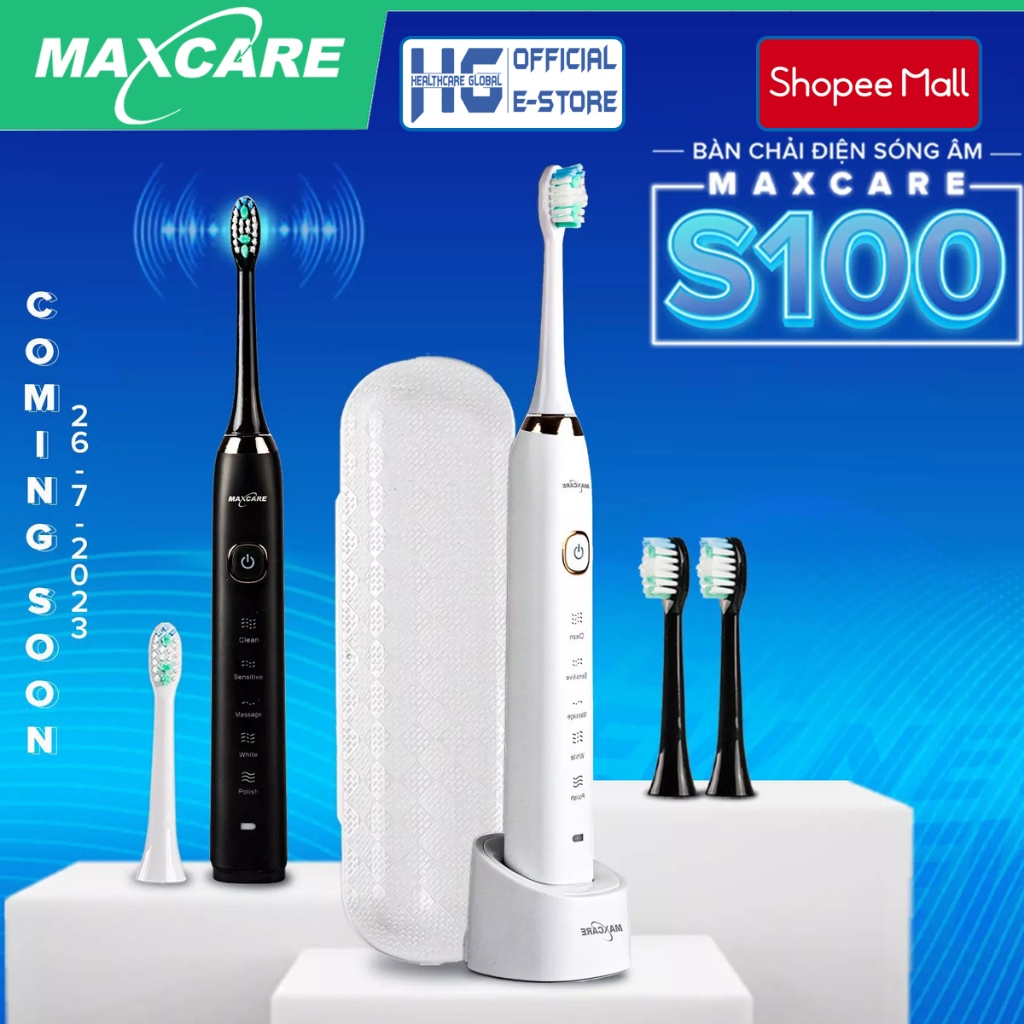 Bàn Chải Điện Sóng Siêu Âm Maxcare Sonicare S100 | Thương Hiệu Nhật Bản - Làm Sạch Mảng Bám Gấp 30 Lần Bàn Chải Thường