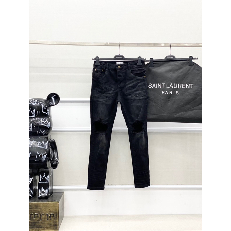 Quần jeans nam thời trang cao cấp thương hiệu Saint Laurent YSL thiết kế vải denim rách gối, thời thượng