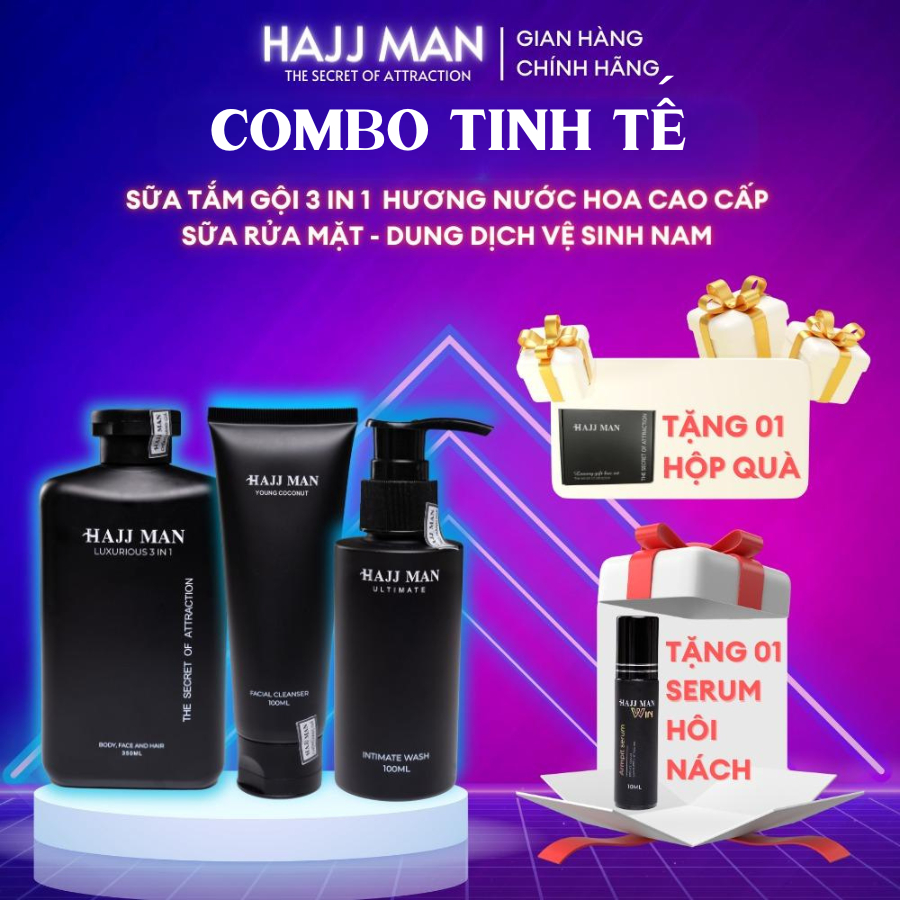 Bộ Quà tặng nam - Sữa tắm gội 3 in 1 HAJJ MAN 350ml & Sữa rửa mặt 100ml & Dung dịch vệ sinh 100ml hương nước hoa cao cấp