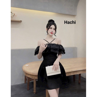 Đầm váy nữ mặc đi dự tiệc sang chảnh chất Tapta phối voan tơ trễ vai cột dây cổ QC váy xoè chữ A đính bông có mút và lót
