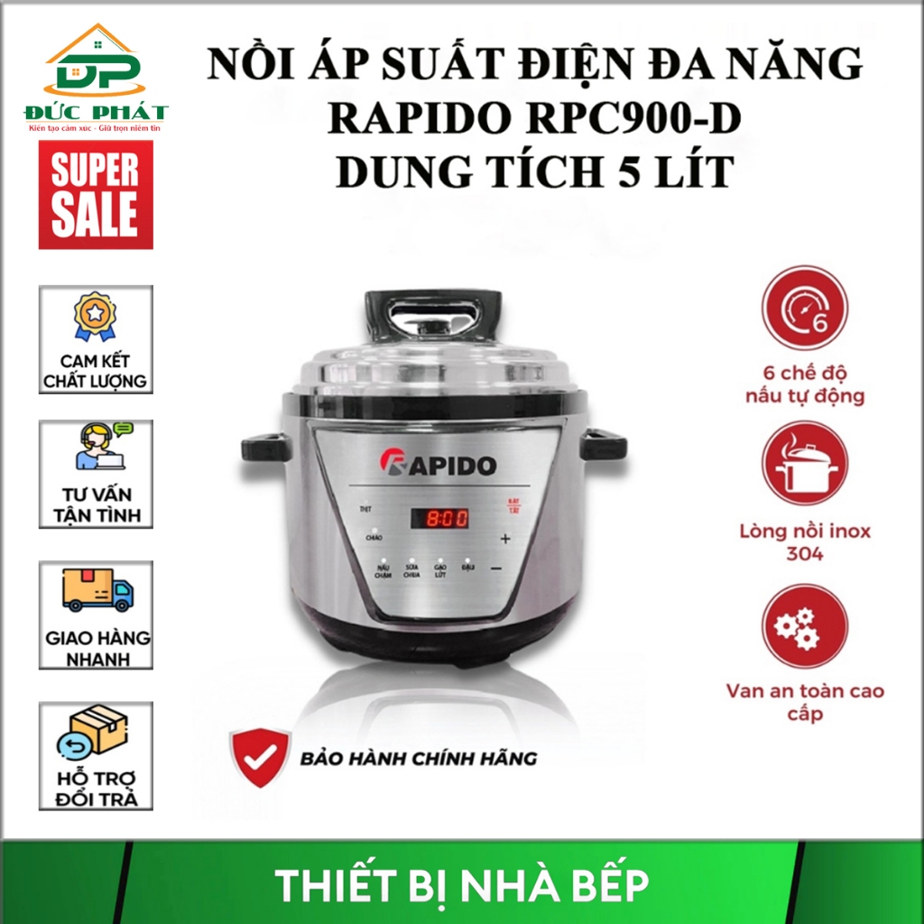 Nồi áp suất điện đa năng Rapido RPC900-D Công suất 900W, Dung tích 5lít,  6 chức năng nấu tự động, bảo hành 12 tháng