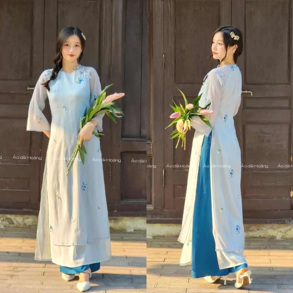 Áo dài cách tân 4 tà dáng suông thêu hoa nổi siêu xinh GUM OFFICIAL, Áo dài cách tân hoa cúc thêu nổi 4 màu