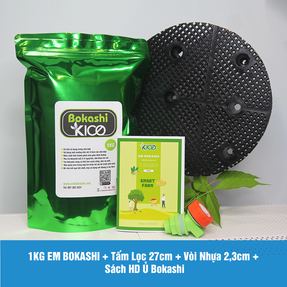 Combo Tấm Lọc Rác 27cm Cho Thùng Sơn 20L (Kèm 1Kg EM Bokashi, Vòi Nhựa, Sách HDSD)