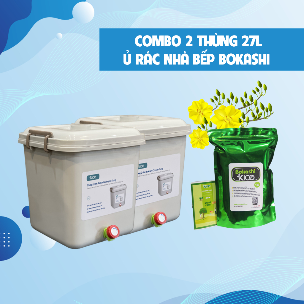 Combo 2 thùng ủ rác nhà bếp 27L Kico Bokashi - Tặng kèm 1kg men vi sinh EM Bokashi