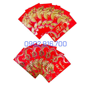 Sét 12 bao lì xì đỏ - lì xì vàng hình RỒNG nhũ vàng xinh xắn dễ thương tết GIÁP THÌN 2024