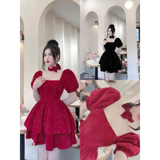 ĐẦM MẶC TẾT SIÊU HÓT THỜI TRANG NỮ CHẤT NHUNG KIM TUYẾT SANG TRỌNG CỔ VUÔNG TAY BÚP KÈM NƠ VÒNG CỔ VÁY XOÈ TẦNG BÍ