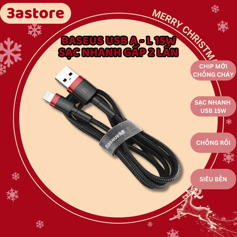 Dây sạc baseus 2m usb a to lighting sạc nhanh bọc dù siêu bền chống đứt gãy dài 1m 2m mã cafule 3astore