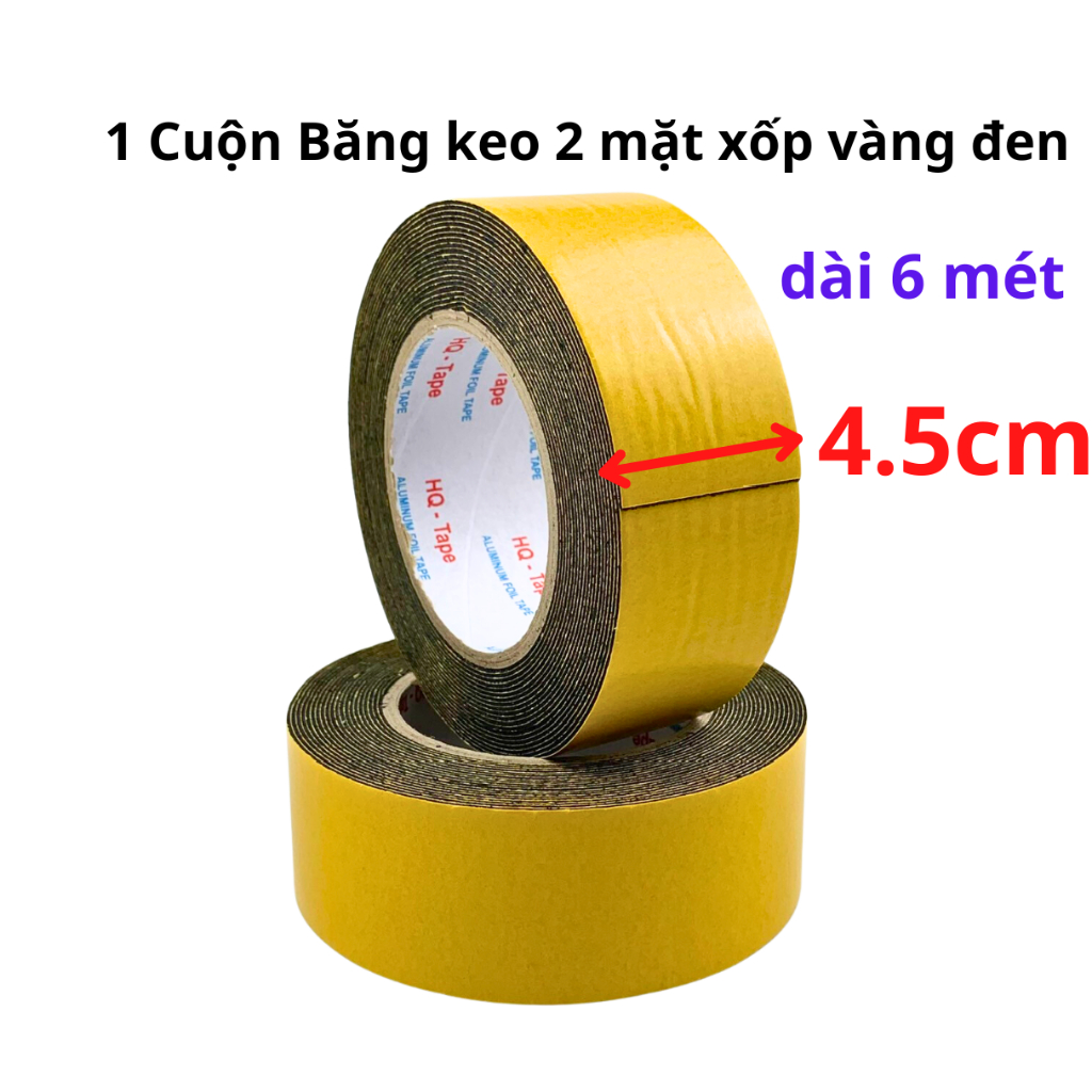 1 Cuộn băng keo 2 mặt xốp vàng đen, rộng 4.5cm, dài 6 mét, lõi giấy 3mm - Siêu Thị Băng Keo