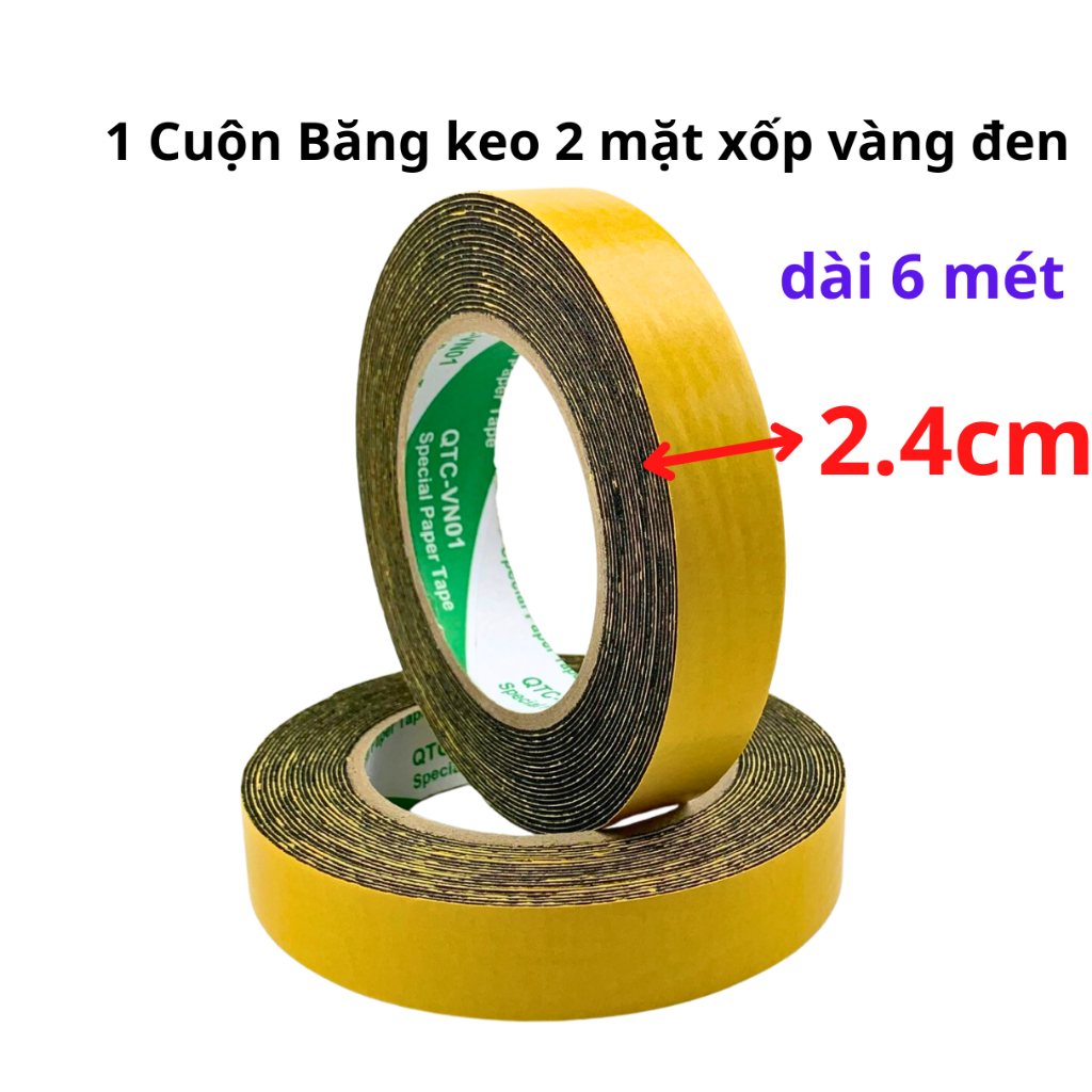1 Cuộn băng keo 2 mặt xốp vàng đen, rộng 2.4cm, dài 6 mét, lõi giấy 3mm - Siêu Thị Băng Keo