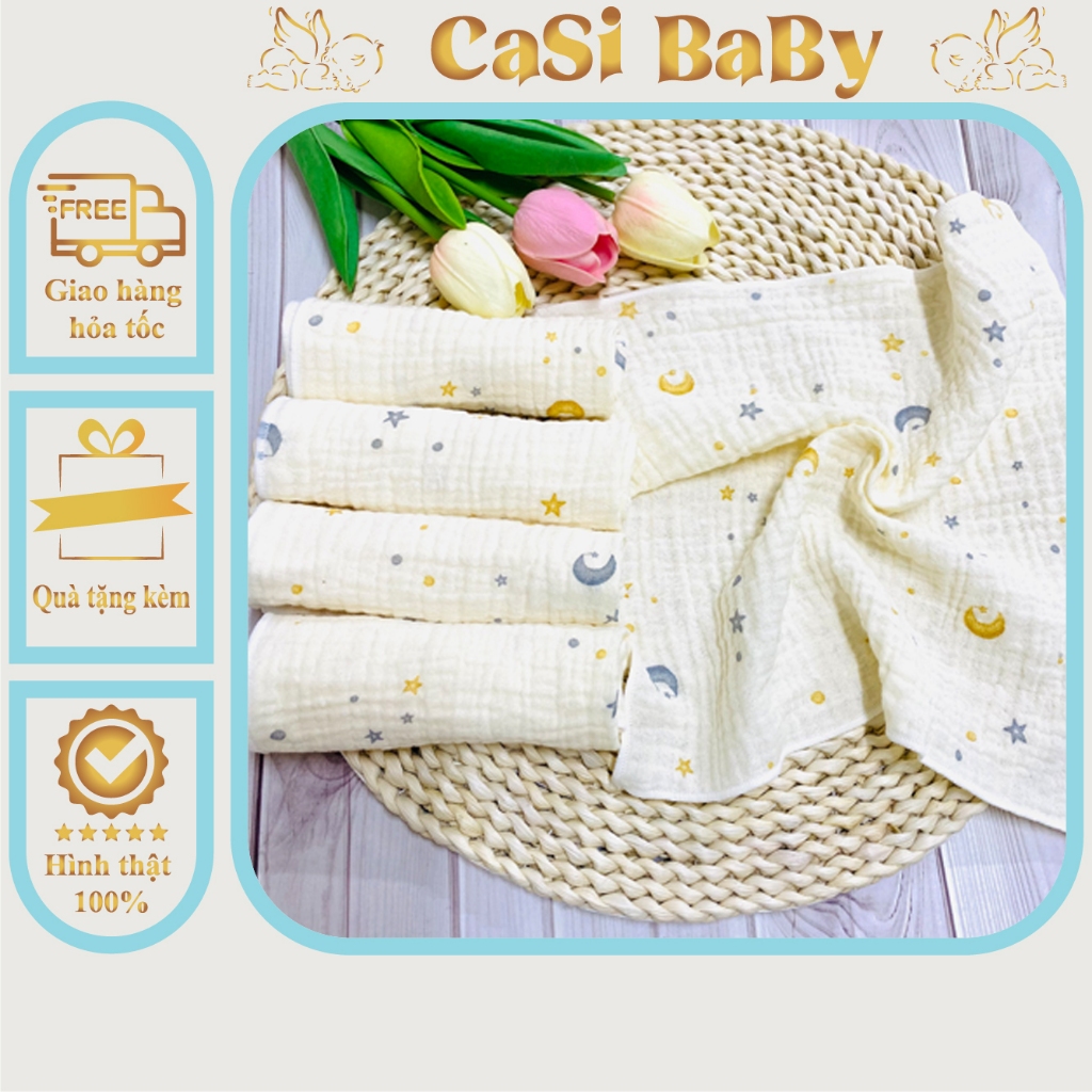 Sét 5 khăn sữa muslin hoạ tiết trăng sao cho bé CaSi BaBy