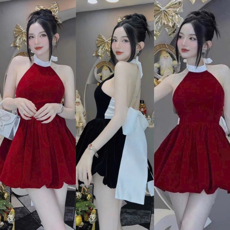 Đầm Nhung Cổ Yếm NOEL Sẵn Mút Viền Trắng Dáng Bí Xoè Thắt Lưng Nơ Thiết Kế To Bảng Ép Keo