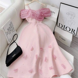Đầm thời trang nữ mặc đi dự tiệc, váy chất tapta cứng đính bông cườm phối voan tơ trễ vai xoè dài maxi 2 màu