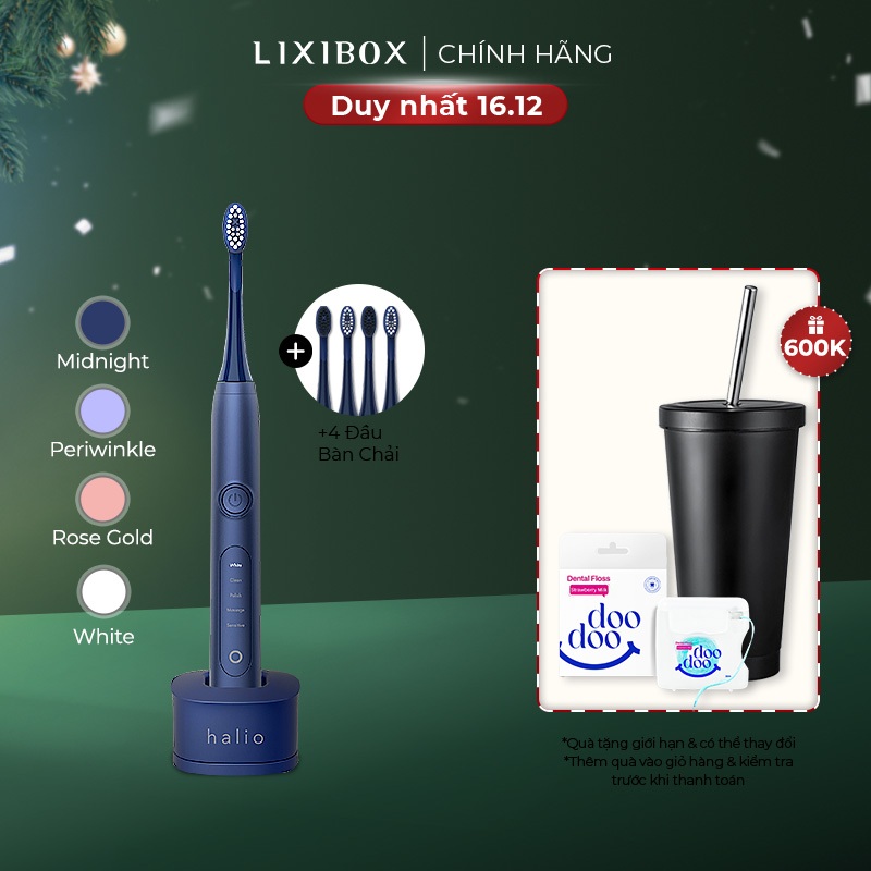 Combo Bàn Chải Điện Làm Trắng Răng Halio Sonic PRO Midnight Blue & Set 4 Đầu Bàn Chải