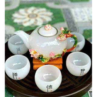  Bộ Ấm chén trà Đá  Mã não màu trắng hoa đào hoa sen nhỏ...ly in chữ 