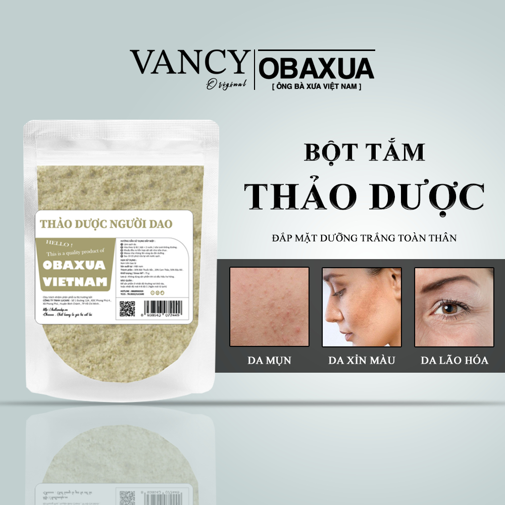Bột Tắm Thảo Dược Người Dao OBAXUA, Bột Đắp Mặt, Dưỡng Trắng Toàn Thân, Chống Lão Hóa Túi 75g, Vancy