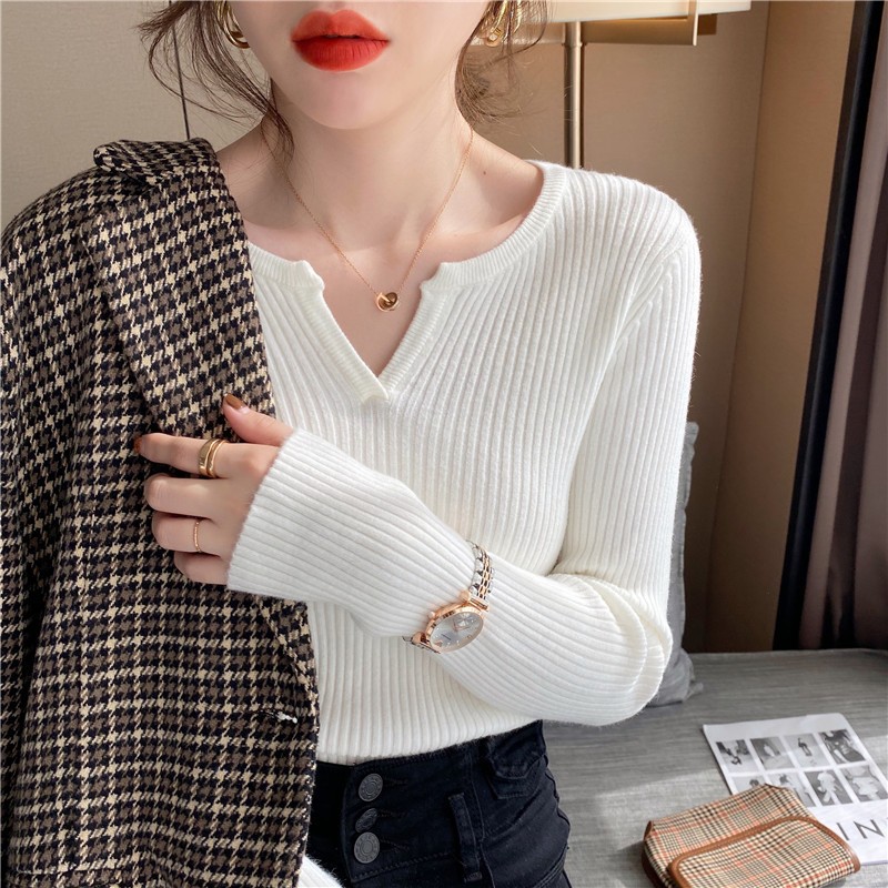 SH246 Áo Len Tim Cao Cấp Nữ Áo Len Giữ Nhiệt Len Tăm Mềm Mịn Ấm Thu Đông Dáng Ôm Body Cổ V Hàng Quảng Châu Cao Cấp
