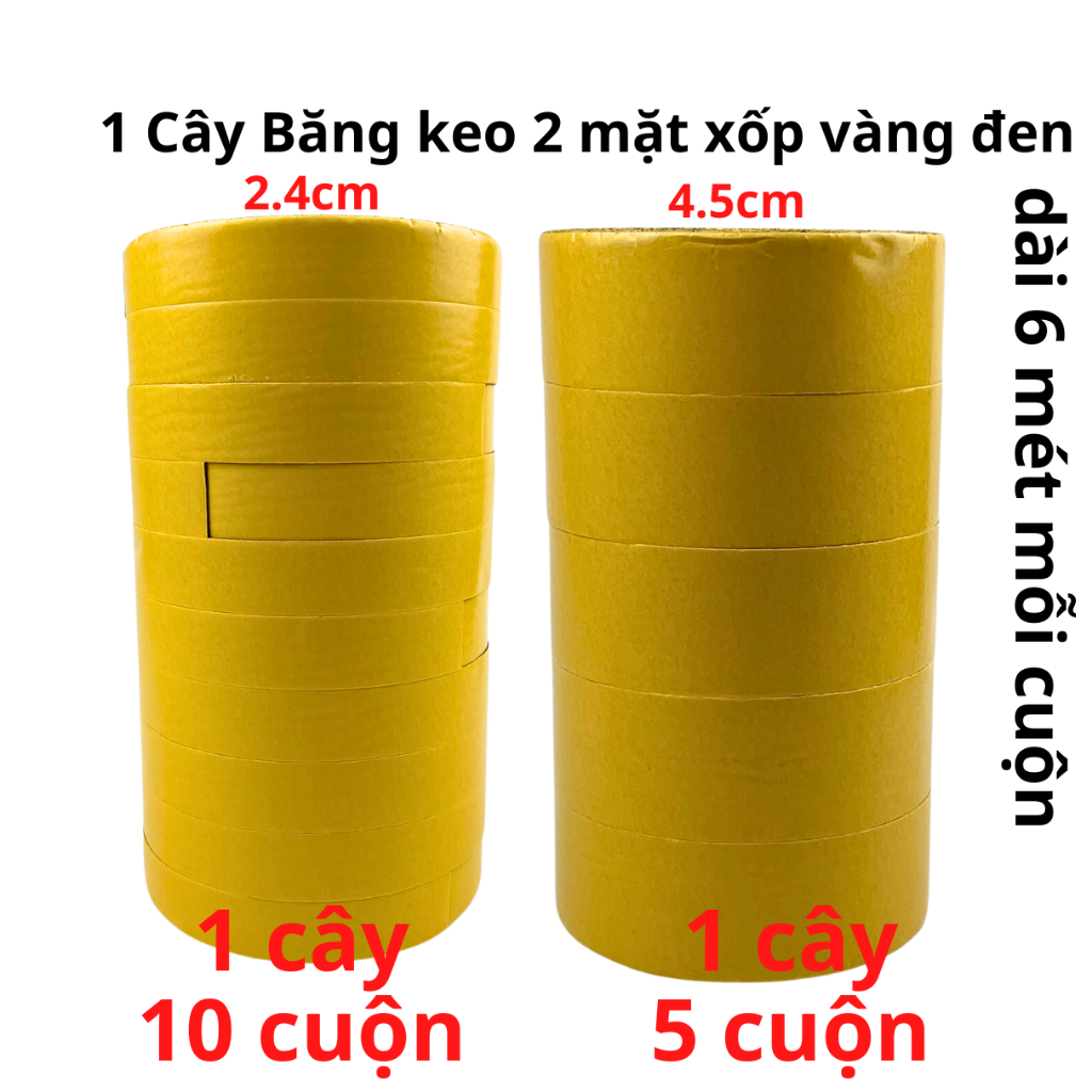 Băng keo 2 mặt xốp vàng đen, rộng 2.4cm - 4.5cm, dài 6 mét, lõi giấy 3mm - Siêu Thị Băng Keo